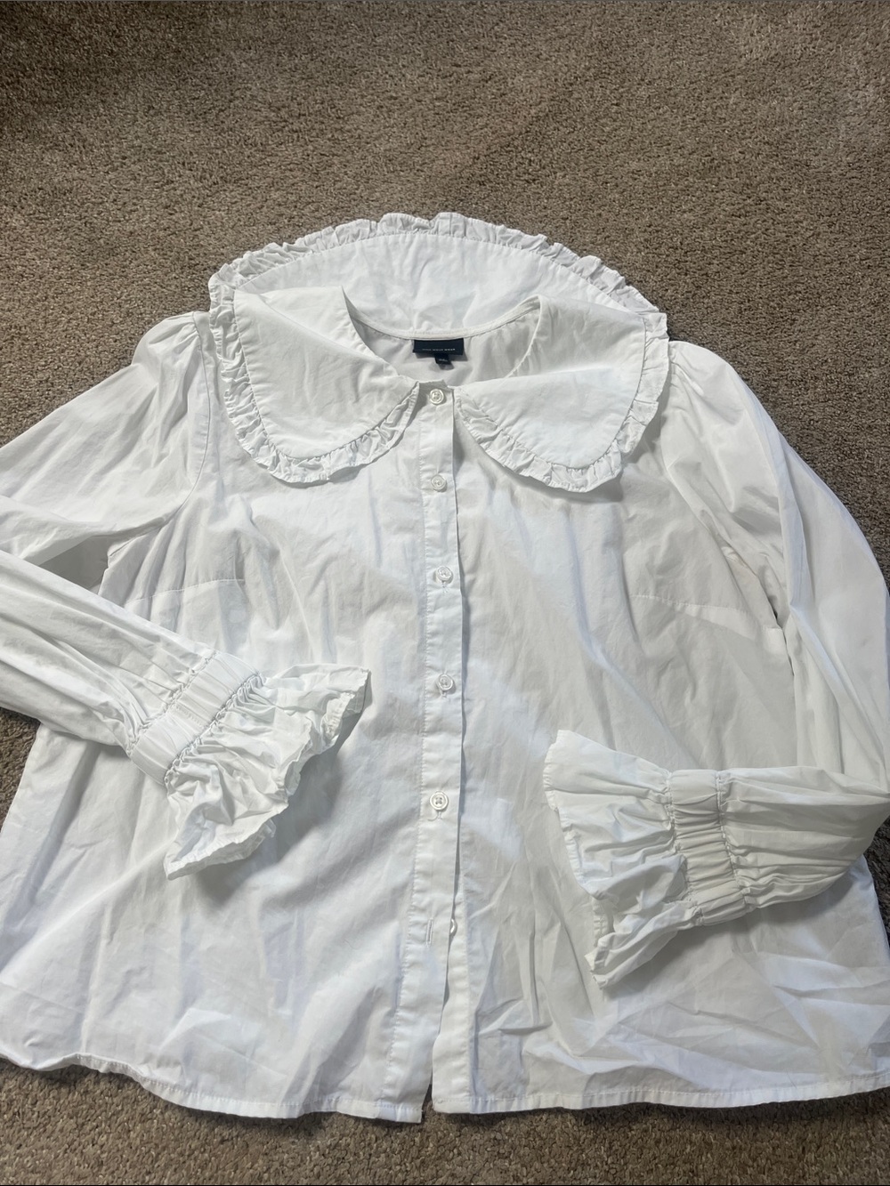 🏴☠️Ruffled Peter Pan Collar&Cuffs Gathered Sleeves White Cotton Button Down EUC